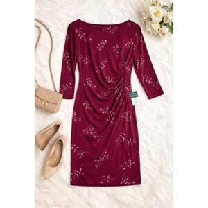 Burgundy Floral Ruched Dress Size 12 | Romantic Fall Midi Cottagecore Chic